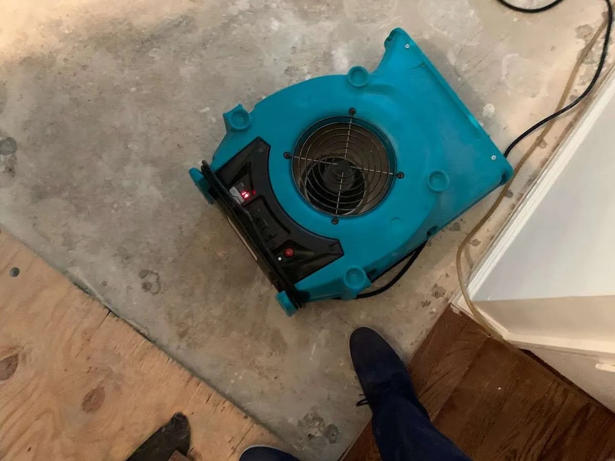 Air mover drying subfloor during Leak Detection & Repair in La Marque